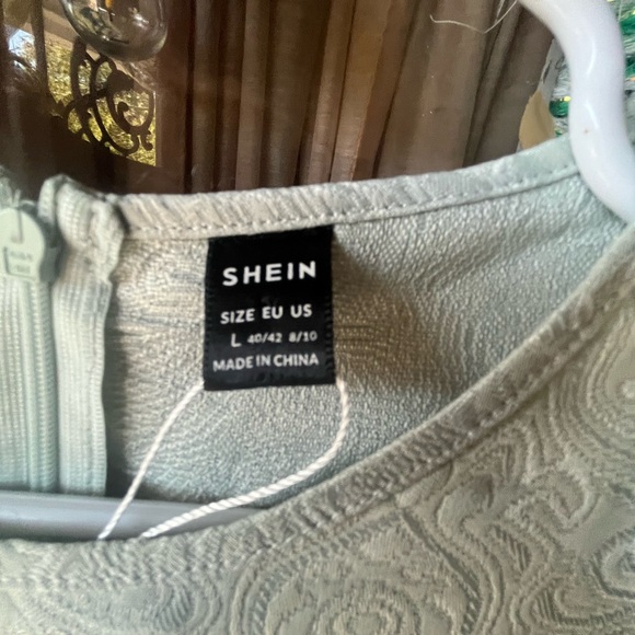 Green Shien Modely Puff Sleeves w Sheer Panel Gold Buttons Shoulder Modest Dress - Picture 6 of 7